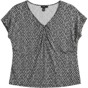 Apt. 9 Geometric V-Neck Top Womens Large Black White Excellent Cap Sleeve Blouse